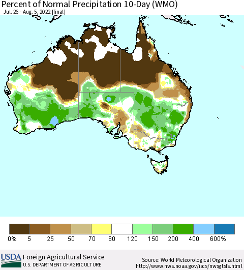 Australia Percent of Normal Precipitation 10-Day (WMO) Thematic Map For 7/26/2022 - 8/5/2022