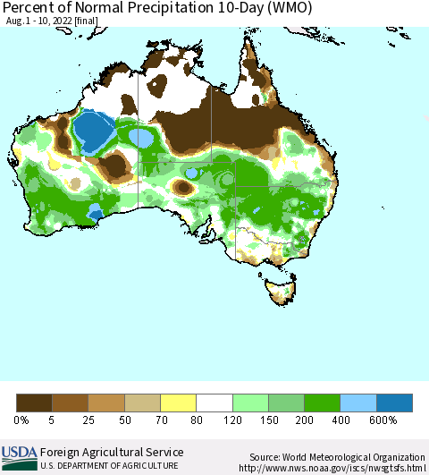 Australia Percent of Normal Precipitation 10-Day (WMO) Thematic Map For 8/1/2022 - 8/10/2022