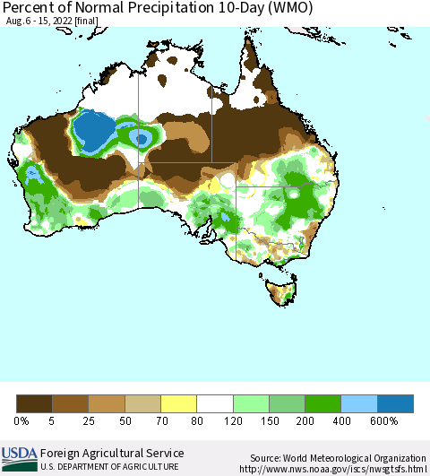 Australia Percent of Normal Precipitation 10-Day (WMO) Thematic Map For 8/6/2022 - 8/15/2022