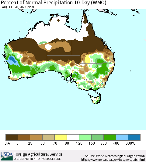 Australia Percent of Normal Precipitation 10-Day (WMO) Thematic Map For 8/11/2022 - 8/20/2022