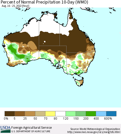 Australia Percent of Normal Precipitation 10-Day (WMO) Thematic Map For 8/16/2022 - 8/25/2022