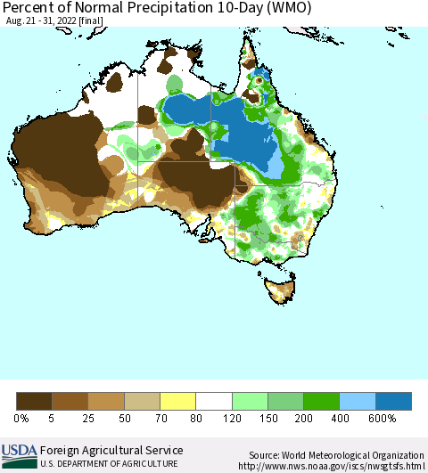 Australia Percent of Normal Precipitation 10-Day (WMO) Thematic Map For 8/21/2022 - 8/31/2022