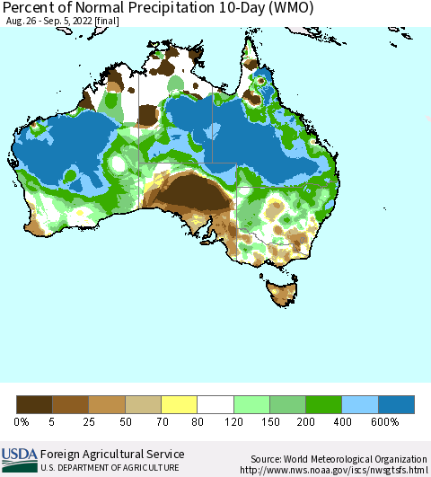 Australia Percent of Normal Precipitation 10-Day (WMO) Thematic Map For 8/26/2022 - 9/5/2022
