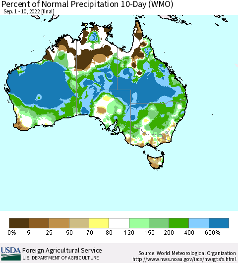 Australia Percent of Normal Precipitation 10-Day (WMO) Thematic Map For 9/1/2022 - 9/10/2022