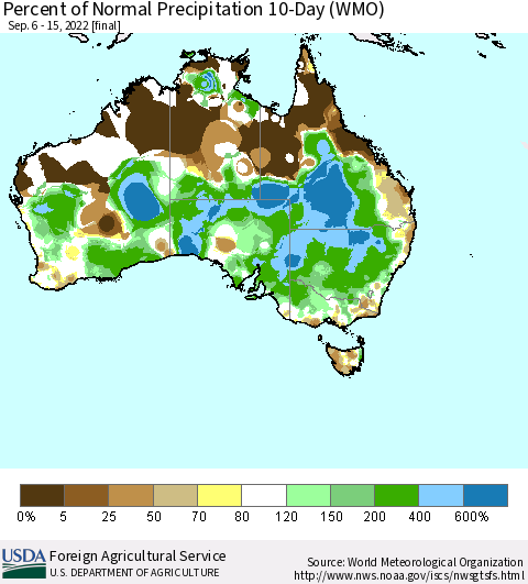 Australia Percent of Normal Precipitation 10-Day (WMO) Thematic Map For 9/6/2022 - 9/15/2022