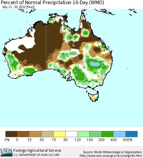 Australia Percent of Normal Precipitation 10-Day (WMO) Thematic Map For 9/11/2022 - 9/20/2022