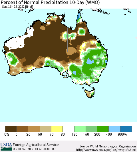 Australia Percent of Normal Precipitation 10-Day (WMO) Thematic Map For 9/16/2022 - 9/25/2022