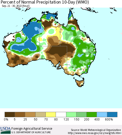 Australia Percent of Normal Precipitation 10-Day (WMO) Thematic Map For 9/21/2022 - 9/30/2022