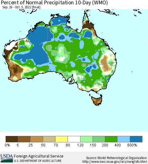 Australia Percent of Normal Precipitation 10-Day (WMO) Thematic Map For 9/26/2022 - 10/5/2022