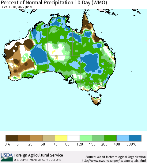 Australia Percent of Normal Precipitation 10-Day (WMO) Thematic Map For 10/1/2022 - 10/10/2022