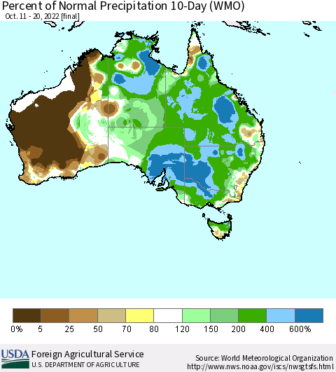 Australia Percent of Normal Precipitation 10-Day (WMO) Thematic Map For 10/11/2022 - 10/20/2022