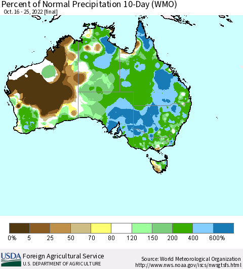 Australia Percent of Normal Precipitation 10-Day (WMO) Thematic Map For 10/16/2022 - 10/25/2022