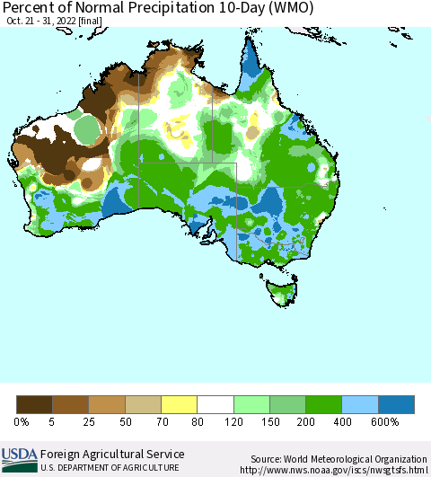 Australia Percent of Normal Precipitation 10-Day (WMO) Thematic Map For 10/21/2022 - 10/31/2022