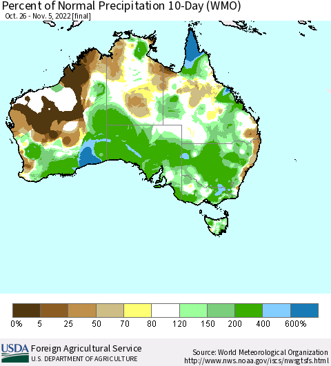 Australia Percent of Normal Precipitation 10-Day (WMO) Thematic Map For 10/26/2022 - 11/5/2022