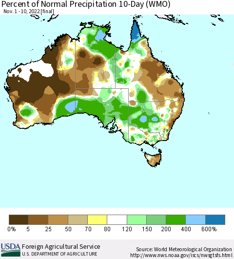 Australia Percent of Normal Precipitation 10-Day (WMO) Thematic Map For 11/1/2022 - 11/10/2022