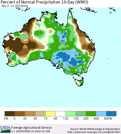 Australia Percent of Normal Precipitation 10-Day (WMO) Thematic Map For 11/6/2022 - 11/15/2022