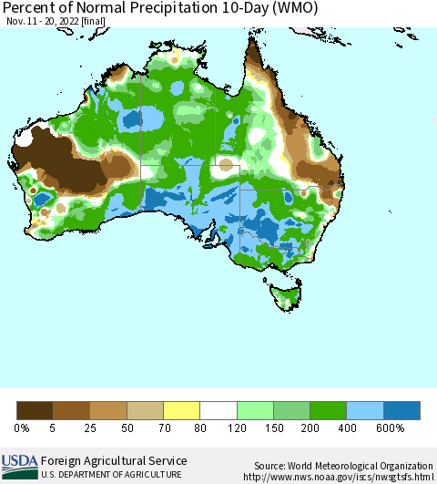 Australia Percent of Normal Precipitation 10-Day (WMO) Thematic Map For 11/11/2022 - 11/20/2022