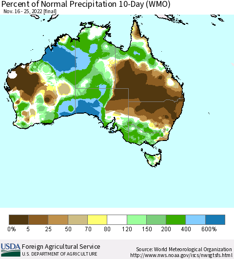 Australia Percent of Normal Precipitation 10-Day (WMO) Thematic Map For 11/16/2022 - 11/25/2022