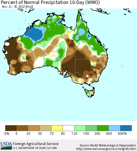 Australia Percent of Normal Precipitation 10-Day (WMO) Thematic Map For 11/21/2022 - 11/30/2022