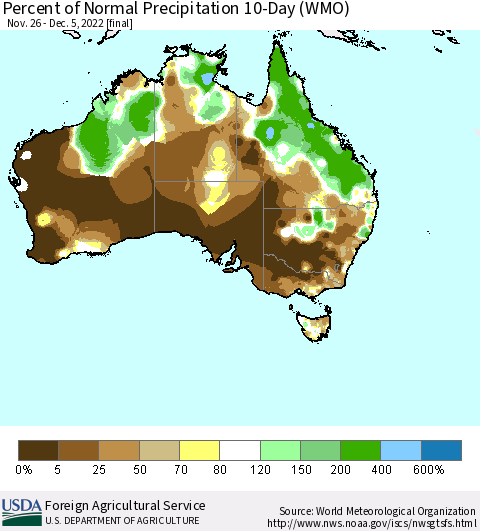 Australia Percent of Normal Precipitation 10-Day (WMO) Thematic Map For 11/26/2022 - 12/5/2022