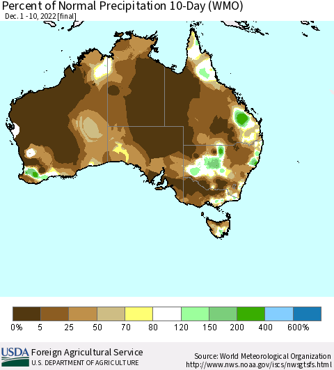 Australia Percent of Normal Precipitation 10-Day (WMO) Thematic Map For 12/1/2022 - 12/10/2022