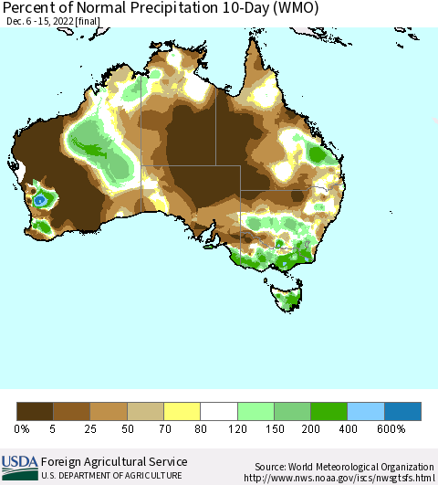 Australia Percent of Normal Precipitation 10-Day (WMO) Thematic Map For 12/6/2022 - 12/15/2022