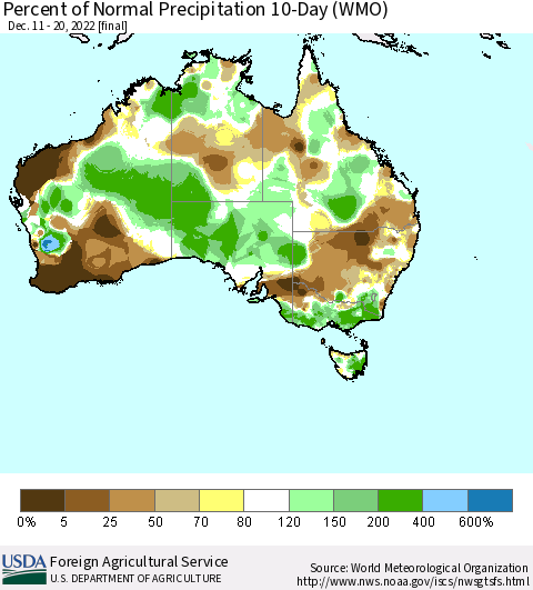 Australia Percent of Normal Precipitation 10-Day (WMO) Thematic Map For 12/11/2022 - 12/20/2022