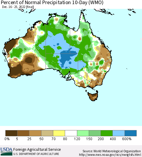 Australia Percent of Normal Precipitation 10-Day (WMO) Thematic Map For 12/16/2022 - 12/25/2022