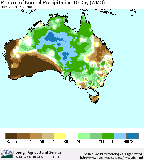 Australia Percent of Normal Precipitation 10-Day (WMO) Thematic Map For 12/21/2022 - 12/31/2022