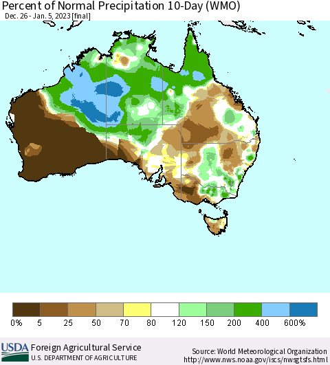 Australia Percent of Normal Precipitation 10-Day (WMO) Thematic Map For 12/26/2022 - 1/5/2023