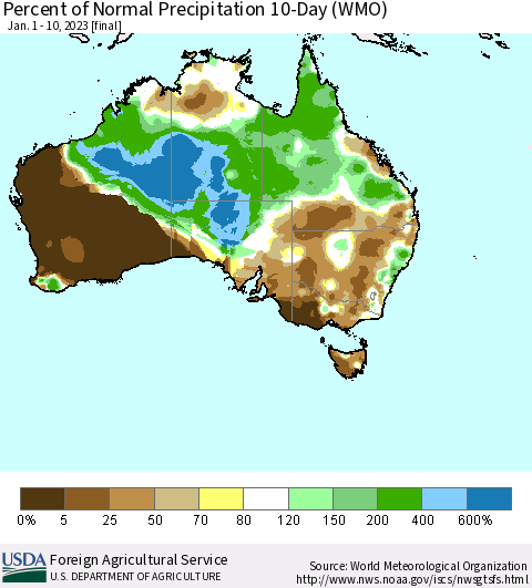 Australia Percent of Normal Precipitation 10-Day (WMO) Thematic Map For 1/1/2023 - 1/10/2023