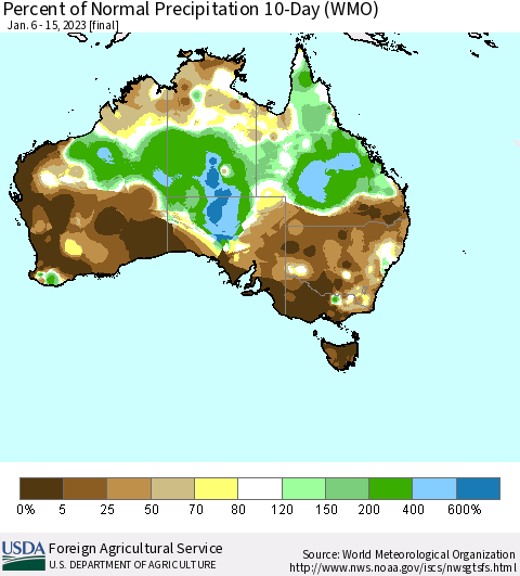 Australia Percent of Normal Precipitation 10-Day (WMO) Thematic Map For 1/6/2023 - 1/15/2023