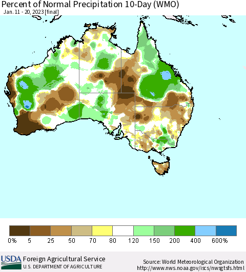 Australia Percent of Normal Precipitation 10-Day (WMO) Thematic Map For 1/11/2023 - 1/20/2023