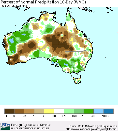 Australia Percent of Normal Precipitation 10-Day (WMO) Thematic Map For 1/16/2023 - 1/25/2023
