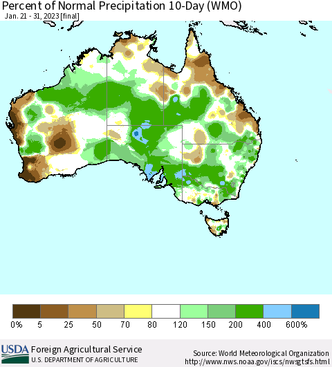 Australia Percent of Normal Precipitation 10-Day (WMO) Thematic Map For 1/21/2023 - 1/31/2023