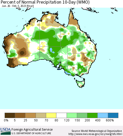 Australia Percent of Normal Precipitation 10-Day (WMO) Thematic Map For 1/26/2023 - 2/5/2023