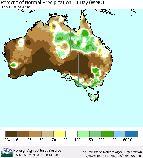 Australia Percent of Normal Precipitation 10-Day (WMO) Thematic Map For 2/1/2023 - 2/10/2023