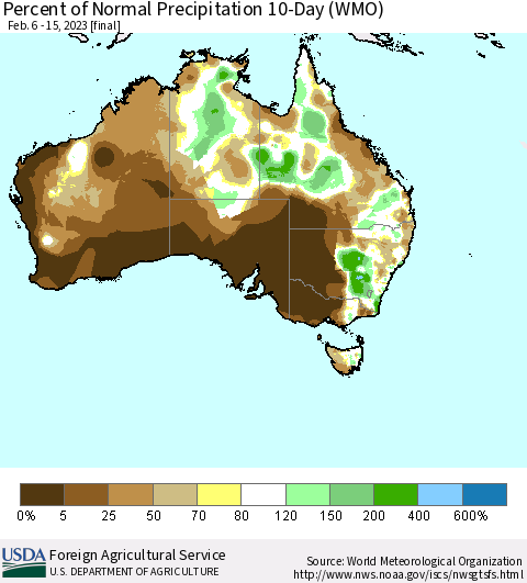 Australia Percent of Normal Precipitation 10-Day (WMO) Thematic Map For 2/6/2023 - 2/15/2023