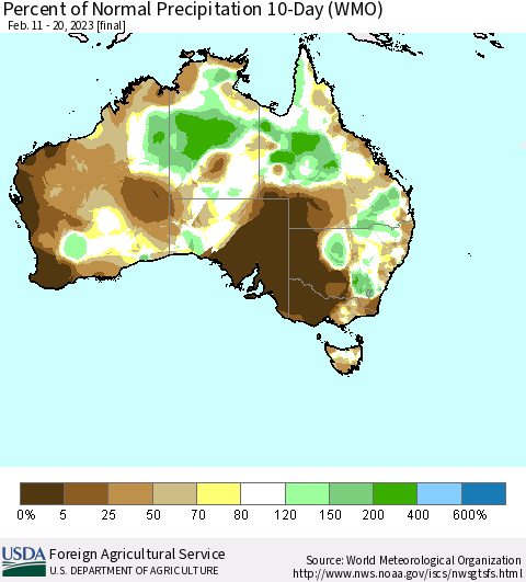 Australia Percent of Normal Precipitation 10-Day (WMO) Thematic Map For 2/11/2023 - 2/20/2023