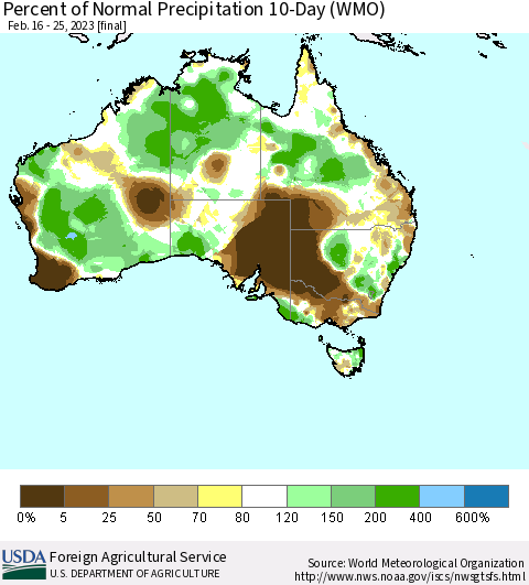 Australia Percent of Normal Precipitation 10-Day (WMO) Thematic Map For 2/16/2023 - 2/25/2023