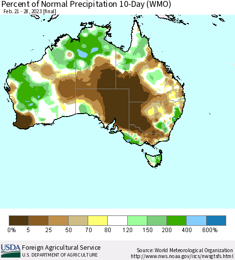 Australia Percent of Normal Precipitation 10-Day (WMO) Thematic Map For 2/21/2023 - 2/28/2023