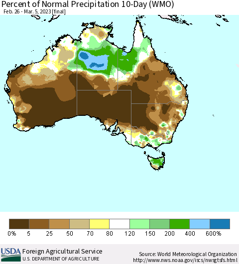 Australia Percent of Normal Precipitation 10-Day (WMO) Thematic Map For 2/26/2023 - 3/5/2023