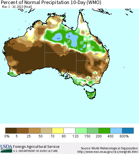 Australia Percent of Normal Precipitation 10-Day (WMO) Thematic Map For 3/1/2023 - 3/10/2023