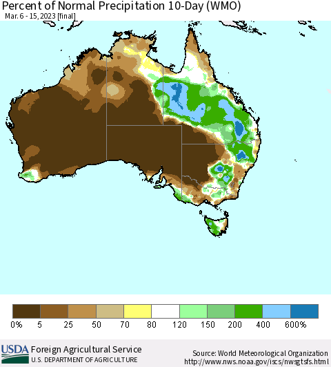 Australia Percent of Normal Precipitation 10-Day (WMO) Thematic Map For 3/6/2023 - 3/15/2023
