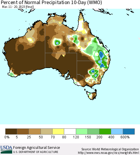 Australia Percent of Normal Precipitation 10-Day (WMO) Thematic Map For 3/11/2023 - 3/20/2023