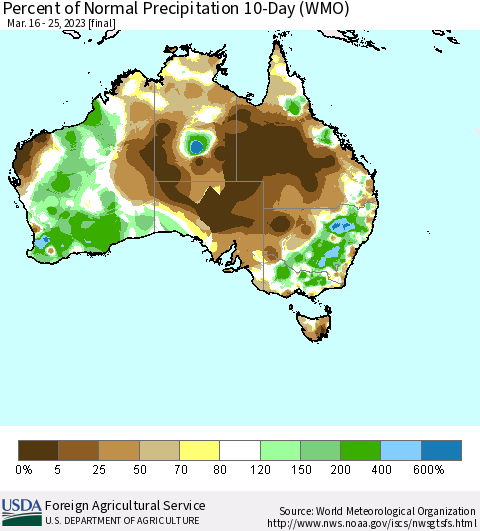 Australia Percent of Normal Precipitation 10-Day (WMO) Thematic Map For 3/16/2023 - 3/25/2023