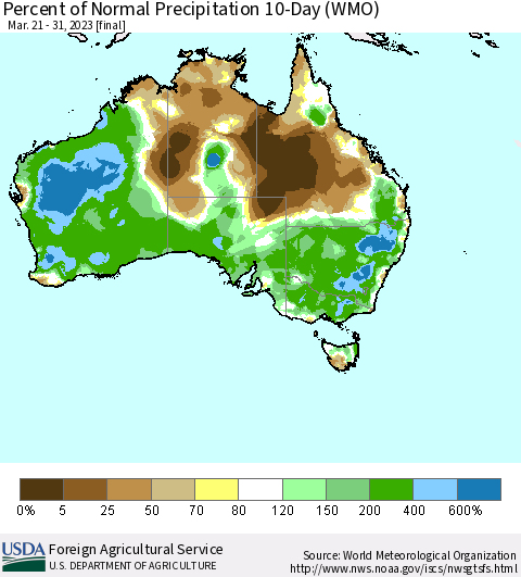 Australia Percent of Normal Precipitation 10-Day (WMO) Thematic Map For 3/21/2023 - 3/31/2023