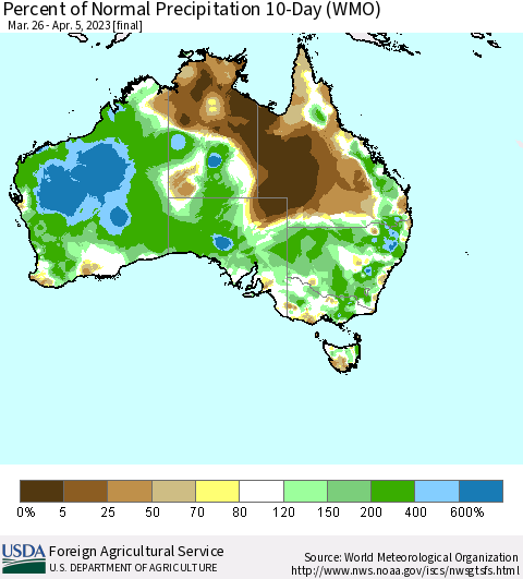 Australia Percent of Normal Precipitation 10-Day (WMO) Thematic Map For 3/26/2023 - 4/5/2023