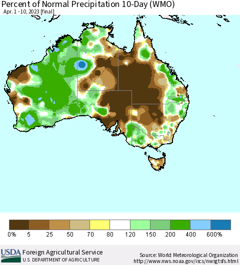 Australia Percent of Normal Precipitation 10-Day (WMO) Thematic Map For 4/1/2023 - 4/10/2023