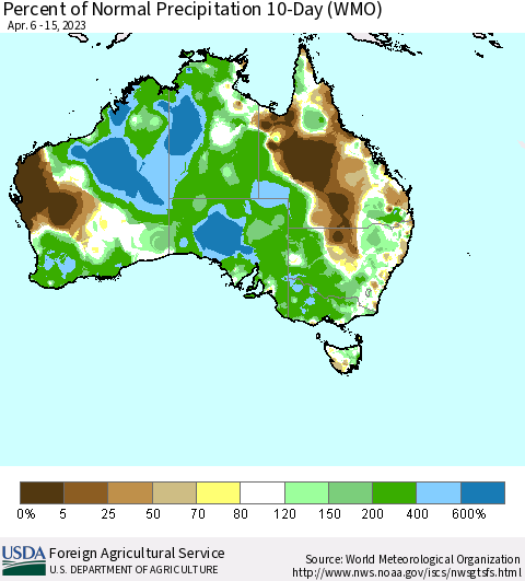 Australia Percent of Normal Precipitation 10-Day (WMO) Thematic Map For 4/6/2023 - 4/15/2023